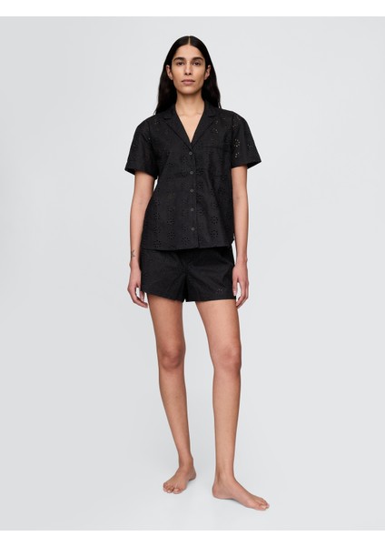 Kadın Siyah Eyelet Poplin Pijama Üstü
