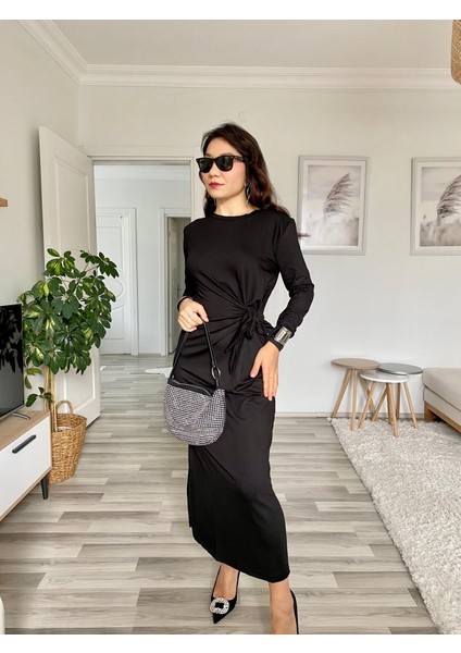 Leyla Sanat Sanata Yeni Bir Bakış Açısı Kadın Uzun Kollu Bisiklet Yaka Belden Çapraz Bağlamalı Yandan Yırtmaçlı Uzun Viskon Iki Iplik Elbise
