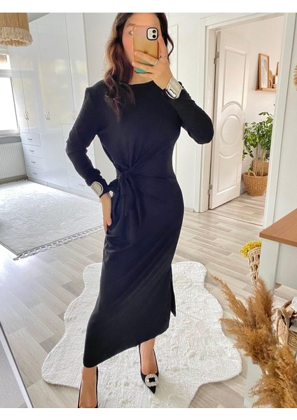 Leyla Sanat Sanata Yeni Bir Bakış Açısı Kadın Uzun Kollu Bisiklet Yaka Belden Çapraz Bağlamalı Yandan Yırtmaçlı Uzun Viskon Iki Iplik Elbise