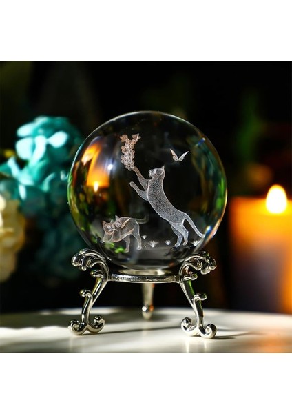 Dekoratif Metal Ayaklı Ikili Kedi Tasarımlı 3D Cam Küre 6cm