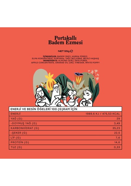 Glütensiz, Ilave Şekersiz Portakallı Badem Ezmesi 55 G