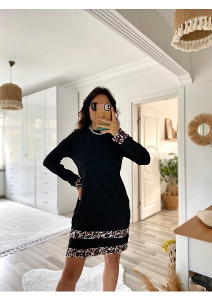 Leyla Sanat Sanata Yeni Bir Bakış Açısı Kadın Uzun Kollu Bisiklet Yaka Şerit Leopar Desenli Dalgıç Elbise
