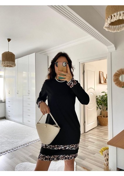 Leyla Sanat Sanata Yeni Bir Bakış Açısı Kadın Uzun Kollu Bisiklet Yaka Şerit Leopar Desenli Dalgıç Elbise