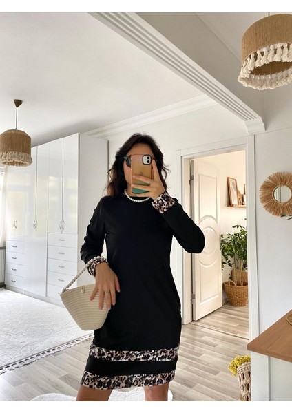 Leyla Sanat Sanata Yeni Bir Bakış Açısı Kadın Uzun Kollu Bisiklet Yaka Şerit Leopar Desenli Dalgıç Elbise