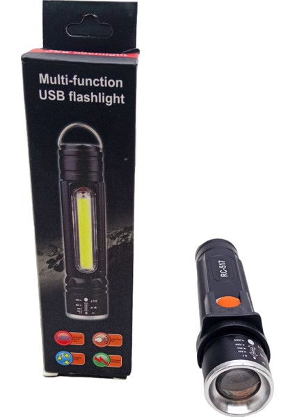Zoomlu USB Şarjlı El Feneri Metal Kasa