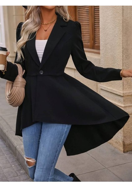 Leyla Sanat Sanata Yeni Bir Bakış Açısı Kadın Uzun Kollu Yakalı Önden Düğmeli Uzun Atlas Blazer Ceket