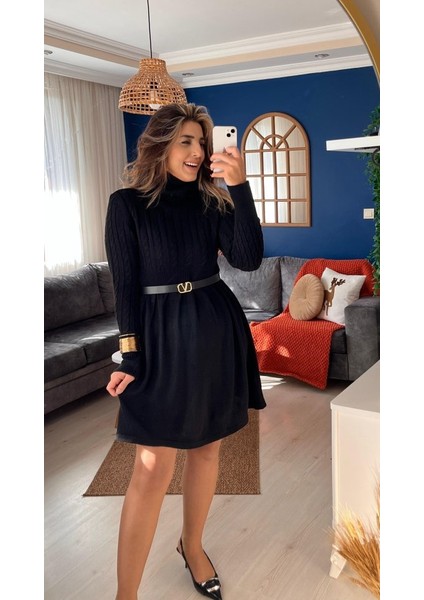 Kadın Uzun Kollu Balıkçı Yaka Belden Yaka Belden Büzgülü Kısa Triko Elbise modelleri