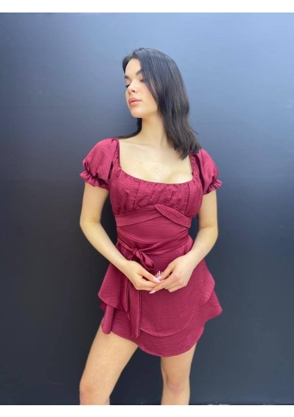 Leyla Sanat Sanata Yeni Bir Bakış Açısı Kadın Kare Yaka Kuşak Detay Fırsat Ürün Mini Elbise indirimleri
