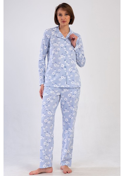 Pamuklu Kadın Yaka Tamamı Düğmeli Uzun Kol Pijama Takım , 410010