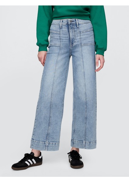 Kadın Mavi High Rise Wide-Leg Jean Pantolon indirimleri
