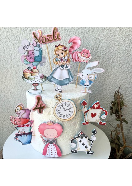 Alice Karakterleri Temalı Kız Çocuk Doğum Günü Kişiye Özel 3D Çubuklu Pasta Süsü Seti Cake Topper
