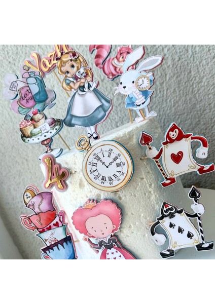 Alice Karakterleri Temalı Kız Çocuk Doğum Günü Kişiye Özel 3D Çubuklu Pasta Süsü Seti Cake Topper fiyatları
