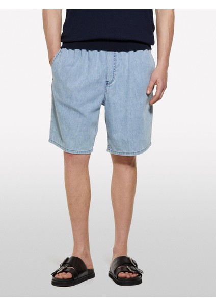 %100 Pamuk Büzgü Ipli Normal Bel Denim Şort Erkek Mavi Denim Şort - 325P44C1S901A
