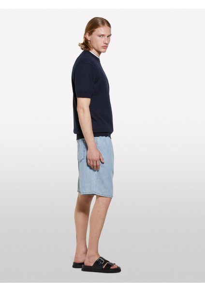 %100 Pamuk Büzgü Ipli Normal Bel Denim Şort Erkek Mavi Denim Şort - 325P44C1S901A fırsatları