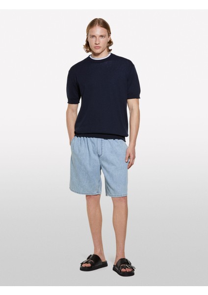 %100 Pamuk Büzgü Ipli Normal Bel Denim Şort Erkek Mavi Denim Şort - 325P44C1S901A indirimleri