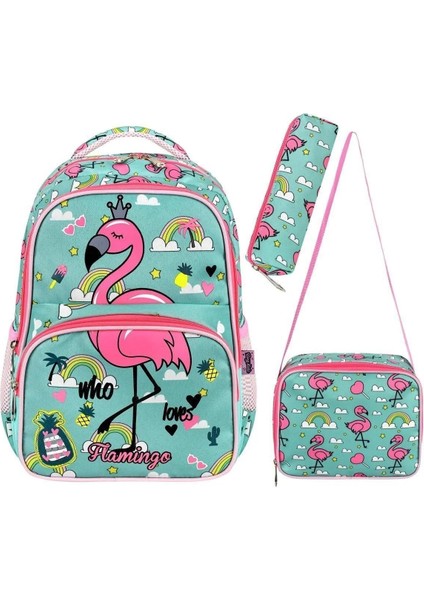 Lisanslı Flamingo Desenli Ilkokul Çantası,Termal Beslenme Çantası Ve Kalem Kutusu Seti