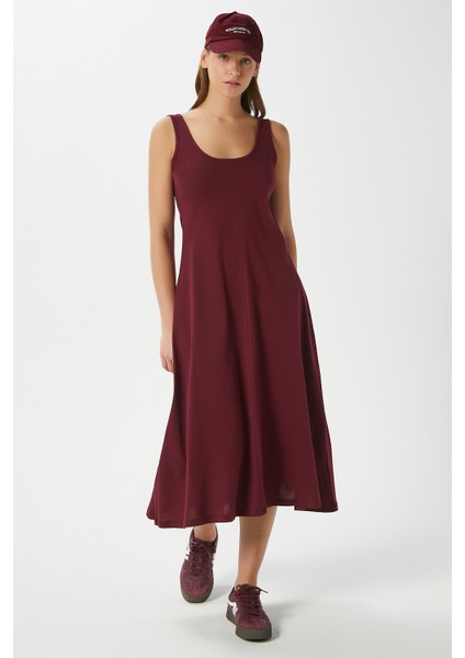 Kadın Nancy Kolsuz Bordo Midi Penye Elbise 5376