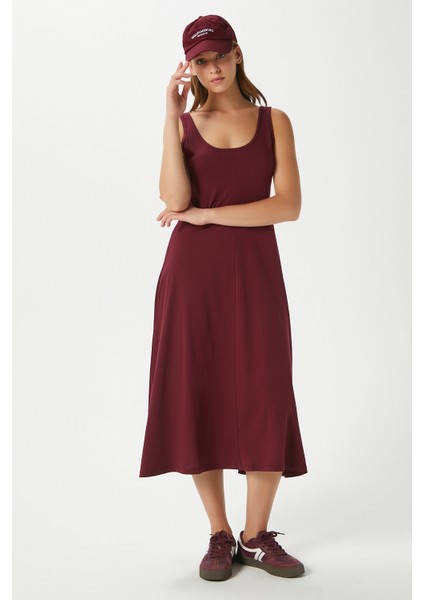 Kadın Nancy Kolsuz Bordo Midi Penye Elbise 5376