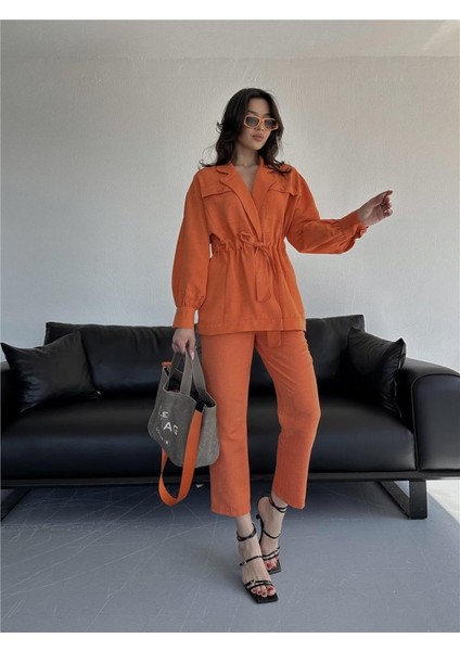 Bel Büzgü Detaylı Pantolon - Ceket Takım Keten - Turuncu