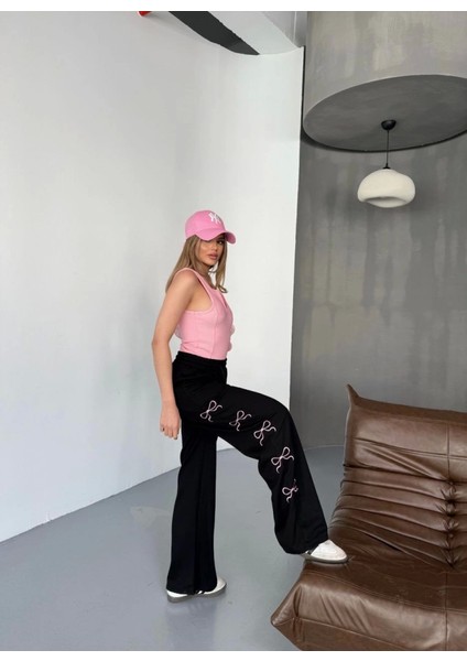 Leyla Sanat Sanata Yeni Bir Bakış Açısı Osy Modal Yumuşak Dokulu Kumaş Nakış Işlemeli Rahat Bol Paça Eşofman Pantalon - Siyah