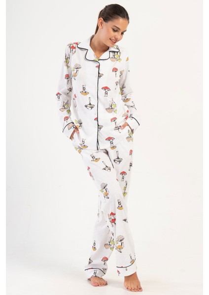 Pamuklu Kadın Yaka Tamamı Düğmeli Uzun Kol Pijama Takım , 405035