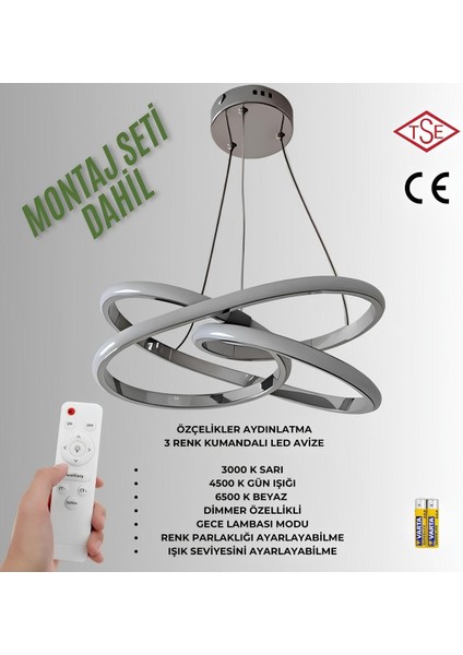 Kumandalı 3 Renk Işıklı Lüks LED Avize Krom Gövde Yüksek Lümen Salon Oda Yatak Odası Mutfak Antre