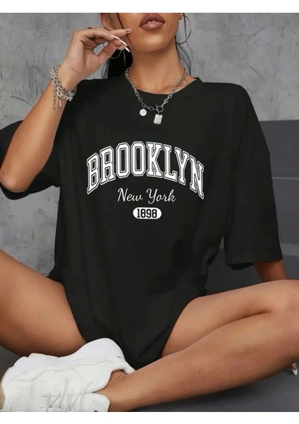 Baskılı Oversize Bisiklet Yaka T-Shirt - Siyah