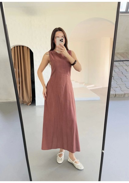 Leyla Sanat Sanata Yeni Bir Bakış Açısı Keten Uzun Kolsuz Elbise- Gül Kurusu