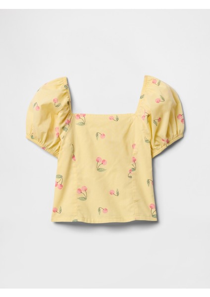 Kız Çocuk Sarı Kare Yaka Desenli T-Shirt