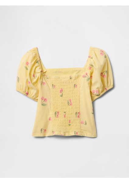 Kız Çocuk Sarı Kare Yaka Desenli T-Shirt modelleri