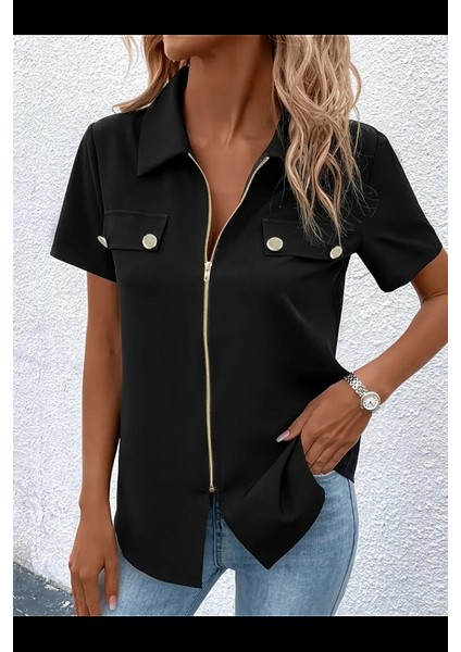 Kadın Kısa Kollu Ceket Yaka Önü Fermuarlı Cep Detay Kısa Kol Ithal Krep Bluz