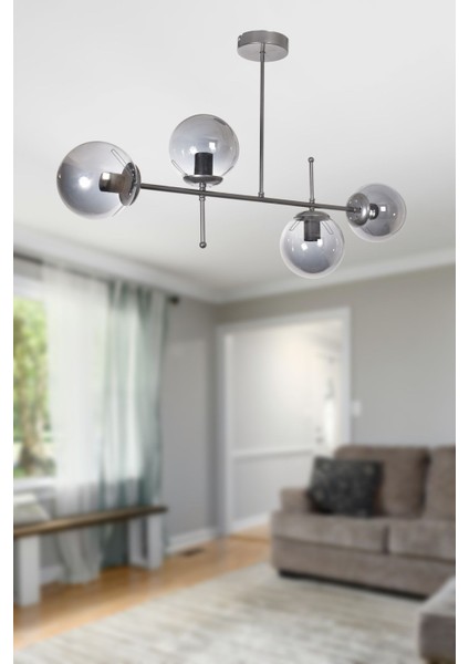 Feris Modern Tasarım Salon Mutfak Yatak Odası Gri Renk Füme Camlı 4 Lü Avize