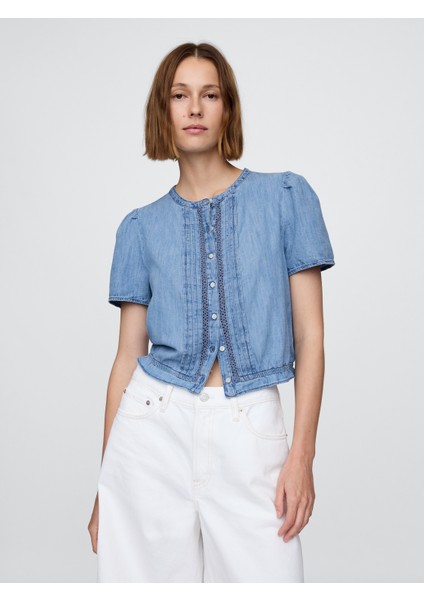 Kadın Açık Mavi Dantel Detaylı Crop Denim Bluz