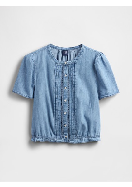 Kadın Açık Mavi Dantel Detaylı Crop Denim Bluz fiyatları