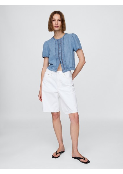 Kadın Açık Mavi Dantel Detaylı Crop Denim Bluz fırsatları