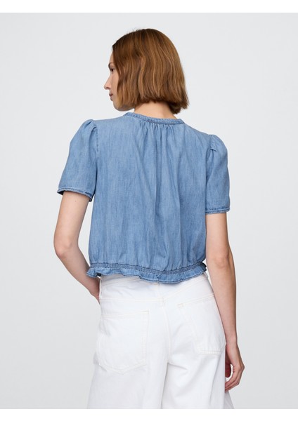 Kadın Açık Mavi Dantel Detaylı Crop Denim Bluz indirimleri