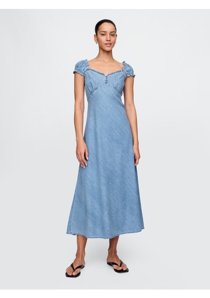 Kadın Açık Mavi Denim Maxi Elbise