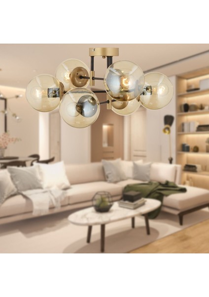 Maral 6lı Siyah Eskitme Bal Camlı Modern Genç Odası Yatak Odası Retro Salon Avize