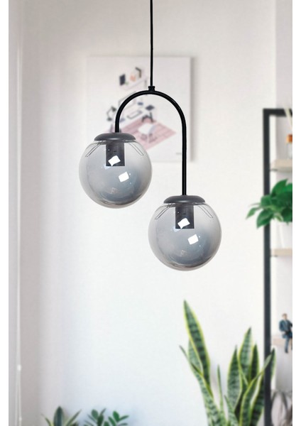 Janin Modern Sarkıt Siyah Renk Gövde Füme Cam Salon - Mutfak - Yatak Odası 2 Li Avize