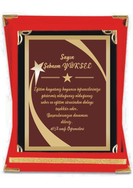 Öğretmen Plaketi ,halley Yıldız Model , Kadife Kutulu Plaket 15*20 cm Ölçüsünde