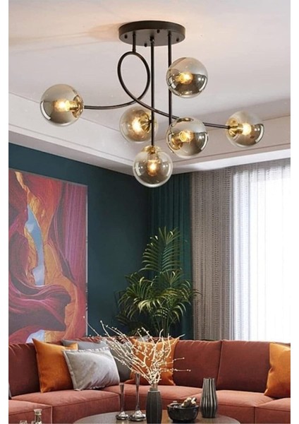 Jade 6 Lı Özel Tasarım Salon - Mutfak - Yatak Odası Modern Füme Glop Camlı Siyah Avize