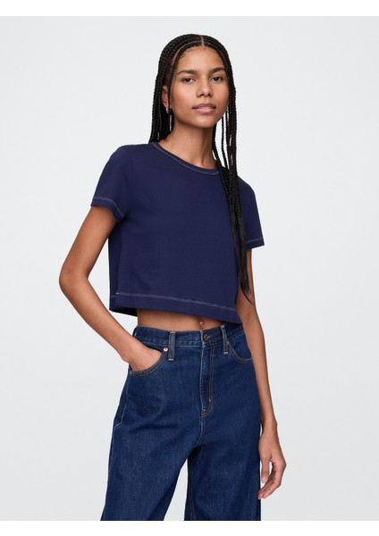 Kadın Lacivert %100 Organik Pamuk Vintage Soft Crop T-Shirt