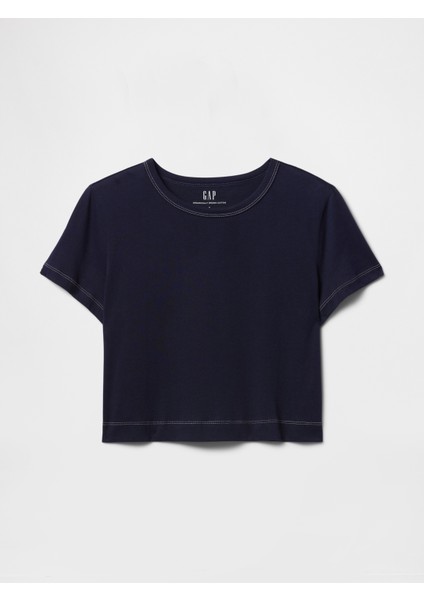 Kadın Lacivert %100 Organik Pamuk Vintage Soft Crop T-Shirt fiyatları