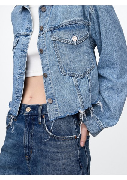 Kadın Mavi Ultrasoft Relaxed Crop Icon Denim Ceket