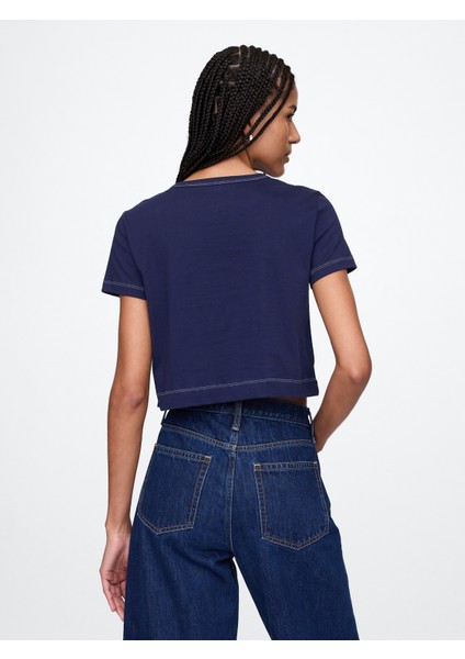 Kadın Lacivert %100 Organik Pamuk Vintage Soft Crop T-Shirt fırsatları