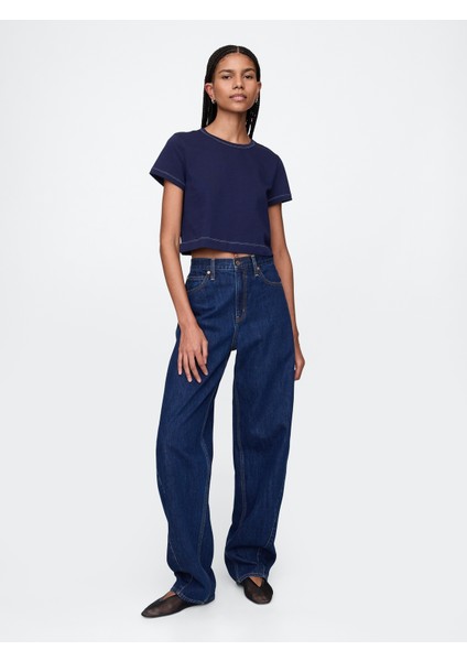 Kadın Lacivert %100 Organik Pamuk Vintage Soft Crop T-Shirt indirimleri