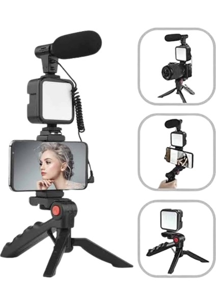 Akıllı Telefon Vlog Kiti Tripod Mini Mikrofonlu Telefon Tutucu