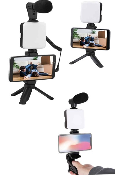 Akıllı Telefon Vlog Kiti Tripod Mini Mikrofonlu Telefon Tutucu
