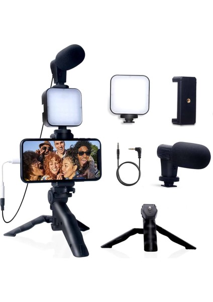 Akıllı Telefon Vlog Kiti Tripod Mini Mikrofonlu Telefon Tutucu
