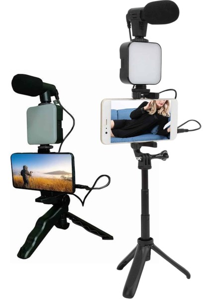 Telefon Tutucu LED Işıklı Kumandalı Mikrofon Telefon Vlog Video Kayıt